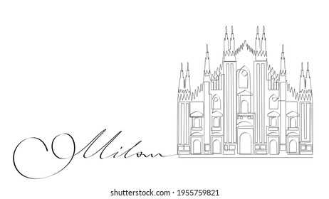 Milan Cathedral - symbol of italian city. Sights of Italy, minimalistic single continuous line drawing, ideal for minimalist postcard, poster or t-shirt design