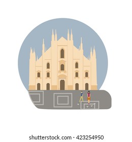 Milan Cathedral vector icon sign. Italy capital monument. World famous landmark. Duomo di Milano church symbol. Vector flat style design. Website, application button. Postcard, Postage Stamp, card