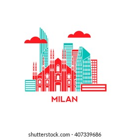 Milan city architecture retro vector illustration, skyline city silhouette, skyscraper, flat design
