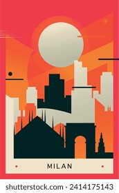 Milan city brutalism poster with abstract skyline, cityscape retro vector illustration. Italy travel front cover, brochure, flyer, leaflet, business presentation template image