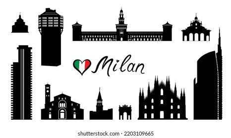 Milan city famous place travel set. Italy, architectural tourist landmark silhouettes.  Historic buildings and modern skyscrapers. Italian touristic cityscape design.