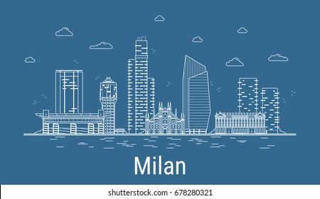 Milan city, Line Art Vector illustration with all famous towers. Linear Banner with Showplace. Composition of Modern buildings, Cityscape. Milan buildings set