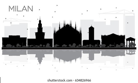 Milan City skyline black and white silhouette with reflections. Vector illustration. Simple flat concept for tourism presentation, banner, placard or web site. Cityscape with landmarks.