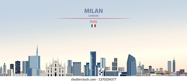 Milan city skyline on colorful gradient beautiful day sky background with flag of Italy. Vector illustration