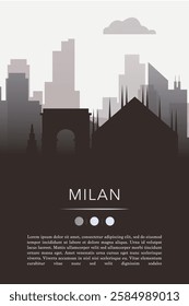 Milan city template for website, presentation, front page, invitation, publication sheet with skyline, landmarks. Vector Italy image layout, simple and grayscale