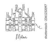 Milan continuous line illustration. Duomo cathedral - symbol of Italian city. World famous place in Milan, Italy. Minimalistic single line vector print.

