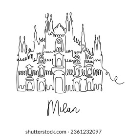Milan continuous line illustration. Duomo cathedral - symbol of Italian city. World famous place in Milan, Italy. Minimalistic single line vector print.

