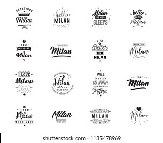 Milan. Greeting cards, vector design. Isolated logos. Typography set.
