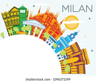 Milan Italy City Skyline with Color Buildings, Blue Sky and Copy Space. Vector Illustration. Business Travel and Tourism Concept with Historic Buildings. Milan Cityscape with Landmarks.