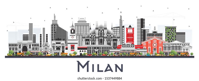 Esquina de la ciudad de Milán Italia con edificios de color aislados en blanco. Ilustración vectorial. Viajes de negocios y Concepto con Arquitectura Histórica. Paisaje urbano de Milán con monumentos.