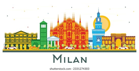 Milan Italy City Skyline with Color Landmarks Isolated on White. Vector Illustration. Business Travel and Tourism Concept with Historic Buildings. Milan Cityscape with Landmarks.