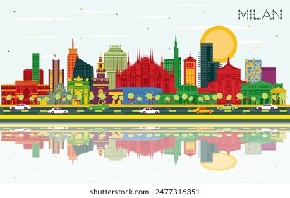 Milan Italy City Skyline with Color Buildings, Blue Sky and Reflections. Vector Illustration. Business Travel and Concept with Historic Architecture. Milan Cityscape with Landmarks.