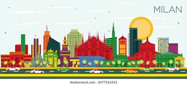 Milan Italy City Skyline with Color Buildings and Blue Sky. Vector Illustration. Business Travel and Concept with Historic Architecture. Milan Cityscape with Landmarks.