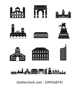 Milan Italy city skyline icons set. Simple illustration of 9 Milan Italy city skyline vector icons for web