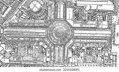 Milan, Italy. Gallery of Victor Emanuel II 1865-1877 year of construction. Roofs of the city. Doodle sketch style. Aerial view