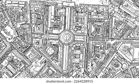 Milan, Italy. Gallery of Victor Emanuel II 1865-1877 year of construction. Roofs of the city. Doodle sketch style. Aerial view