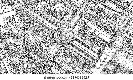 Milan, Italy. Gallery of Victor Emanuel II 1865-1877 year of construction. Roofs of the city. Doodle sketch style. Aerial view