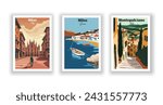 Milan, Italy. Milos, Greece. Montepulciano, Italy - Set of 3 Vintage Travel Posters. Vector illustration. High Quality Prints