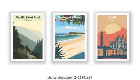 Milan, Italy. Mooloolaba Beach, Australia. Pacific Crest Trail, California - Vintage travel poster. Vector illustration. High quality prints