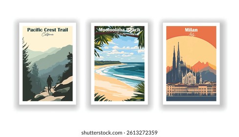 Milan, Italy. Mooloolaba Beach, Australia. Pacific Crest Trail, California - Vintage travel poster. Vector illustration. High quality prints