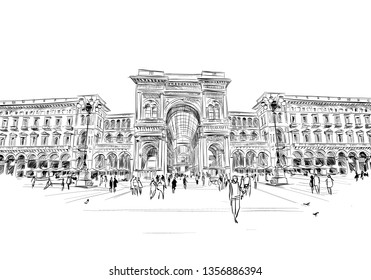 Milan. Italy. Piazza del Duomo. Victor Emanuel II Gallery. Hand drawn sketch. Vector illustration.