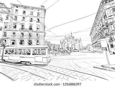 Milan. Italy. Piazza del Duomo. Milan Cathedral. Victor Emanuel II Gallery. Hand drawn sketch. Vector illustration.