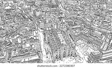 Milan, Italy. Roofs of the city aerial view. Spiers Milan Cathedral. Doodle sketch style. Aerial view