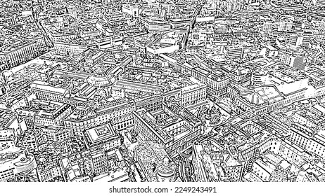 Milan, Italy. Roofs of the city. Historical part. Doodle sketch style. Aerial view