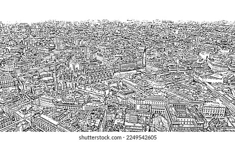 Milan, Italy. Roofs of the city. Historical part. Doodle sketch style. Aerial view