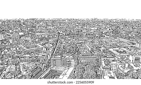 Milan, Italy. Roofs of the city. Historical part. Doodle sketch style. Aerial view