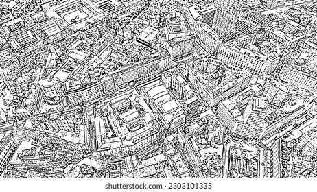 Milan, Italy. Roofs of the city. Historical part. Doodle sketch style. Aerial view