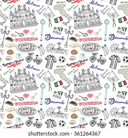 Milan Italy seamless pattern with Hand drawn sketch elements Duomo cathedral, flag, map, pizza, transport and traditional food. Drawing doodle vector illustration, isolated on white .