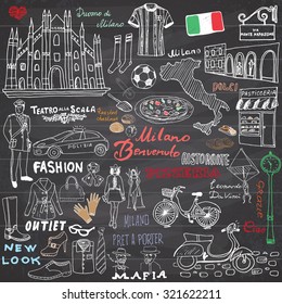 Milan Italy sketch elements. Hand drawn set with Duomo cathedral, flag, map, shoe, fashion items, pizza, shopping street, transport and traditional food. Drawing doodle collection, on chalkboard.