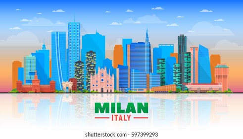 Milan Italy skyline with panorama in evening sky background. Vector Illustration. Business travel and tourism concept with modern buildings. Image for banner or web site.