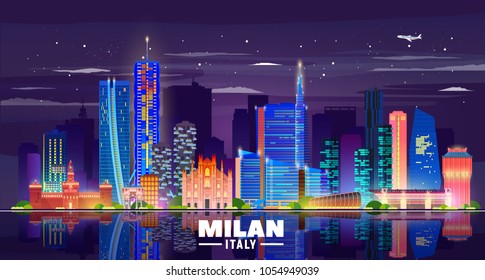 Milan Italy skyline with panorama in night background. Vector Illustration. Business travel and tourism concept with modern buildings. Image for banner or web site.