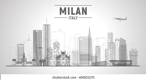 Milan Italy skyline vector line illustration. Business travel and tourism concept with modern buildings. Image for banner or web site.