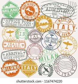 Milan Italy Stamp Vector Art Postal Passport Travel Design Set.