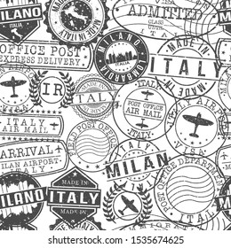 Milan Italy Stamps Background. City Stamp Vector Art. Postal Passport Travel. Design Set Pattern.