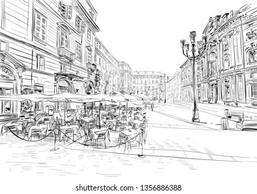 Milan. Italy. Street Cafe. Hand Drawn Sketch. Vector Illustration.