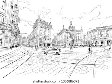 Milan. Italy. Street urban sketch. Hand drawn. Vector illustration.