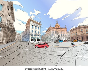 Milan. Italy. Street urban sketch. Hand drawn. Vector illustration.