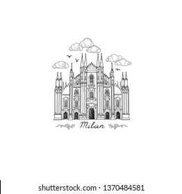 Milan landmark symbol. Travel Italy city icon. Hand drawn sketch. Duomo cathedral in Milan