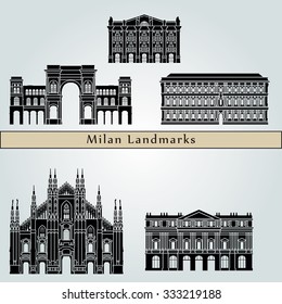 Milan landmarks and monuments isolated on blue background in editable vector file