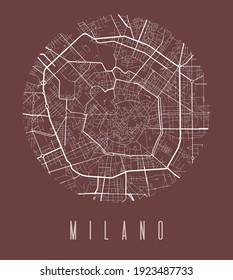 Milan map poster. Decorative design street map of Milan city. Cityscape aria panorama silhouette aerial view, typography style. Land, river, highways, avenue. Round circular vector illustration.