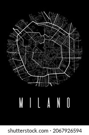 Milan map vector black poster. Round circular view, street map of Milan city illustration. Cityscape area panorama silhouette aerial view, typography style. Land, river, highways, avenue.