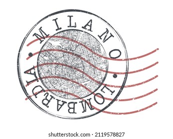 Milan, Metropolitan City of Milan, Italy Stamp Map Postal. Silhouette Seal Roads and Streets. Passport Round Design. Vector Icon. Design Retro Travel National Symbol.