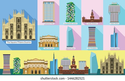 Milan monument vector icons set. Flat set of milan monument vector icons for web design