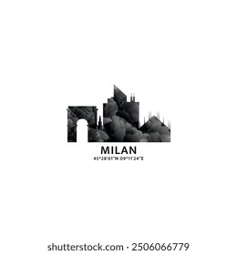 Milan panorama, vector badge, skyline logo and icon. Italy city horizon logotype with landmarks and building silhouettes. Isolated foggy abstract gradient graphic