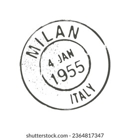 Milan postage and postal stamp. Italian city letter envelope ink stamp, mail delivery departure European country or region aged vector imprint or postcard Italy Milan town seal