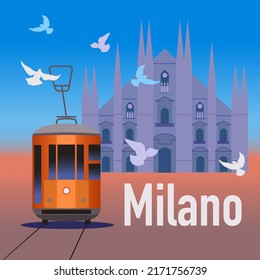 Milan scene with a tram and the cathedral vector illustration